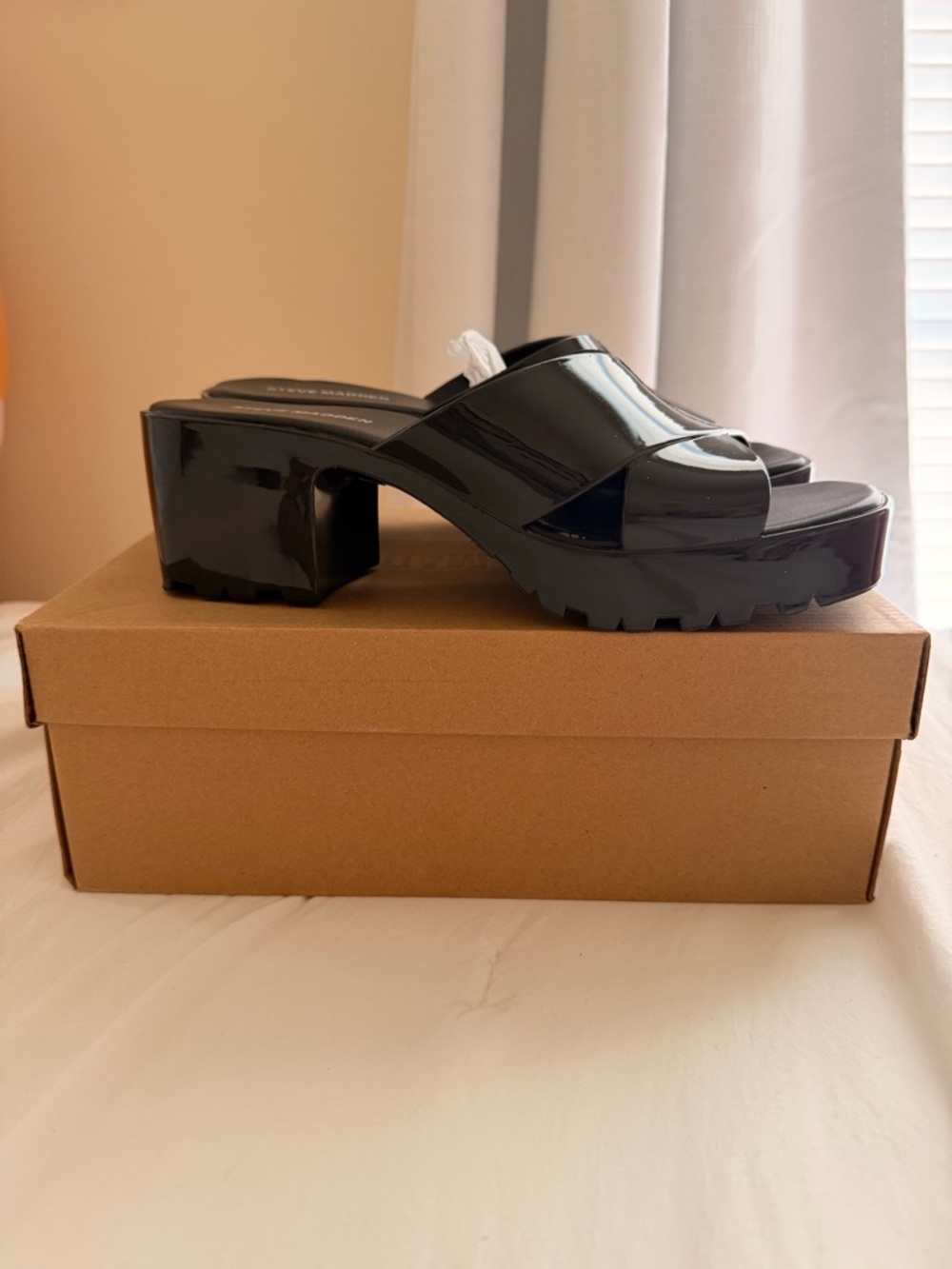 Steve Madden Patent Black Platform Slide Sandals - Women